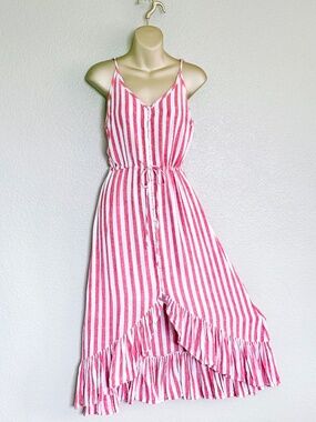 Rails Preppy European Frida Carmine Striped Linen High-Low Midi Sundress Sz XS